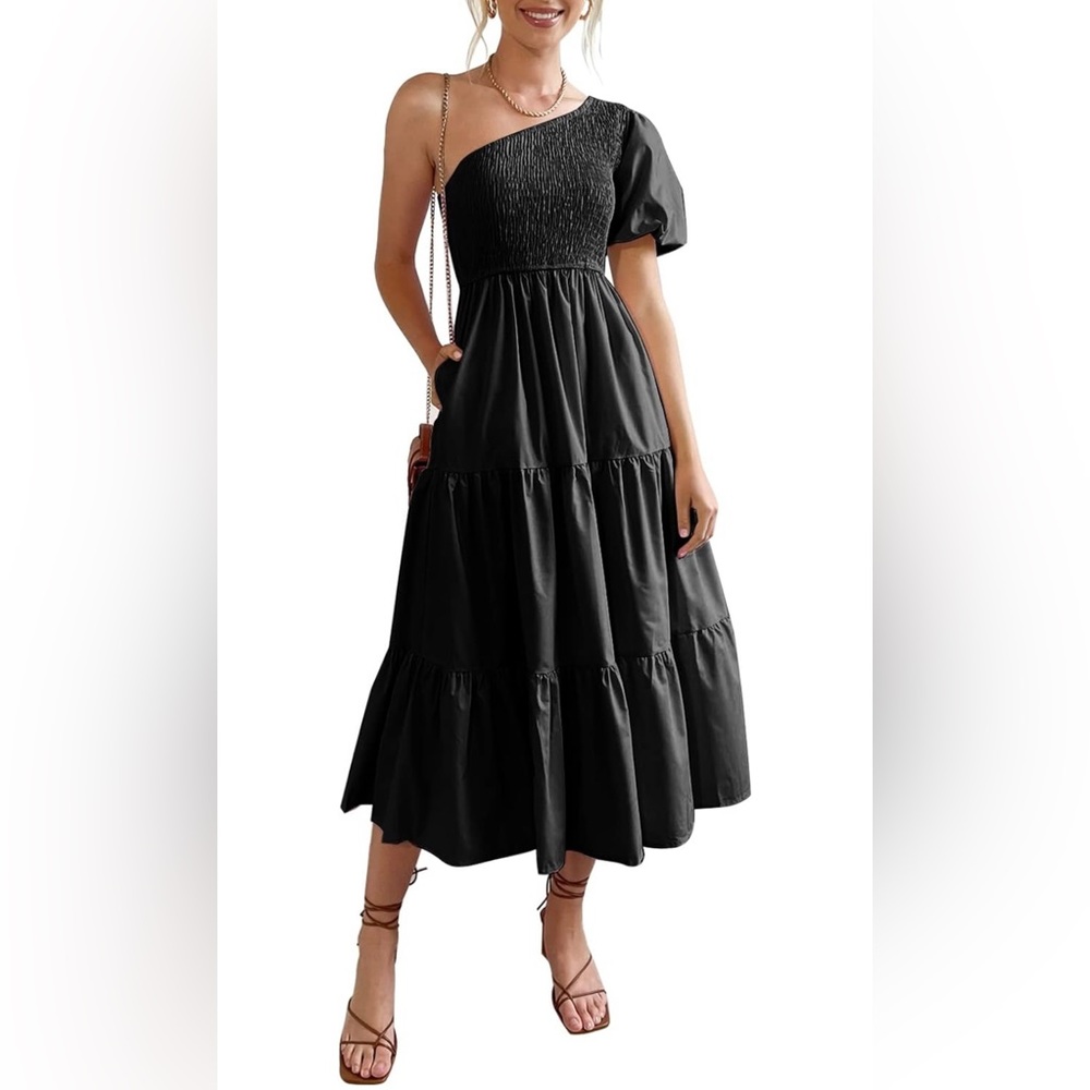 NWT One Shoulder Puff Sleeve Smocked Boho Midi Dress Size Large - Picture 1 of 6